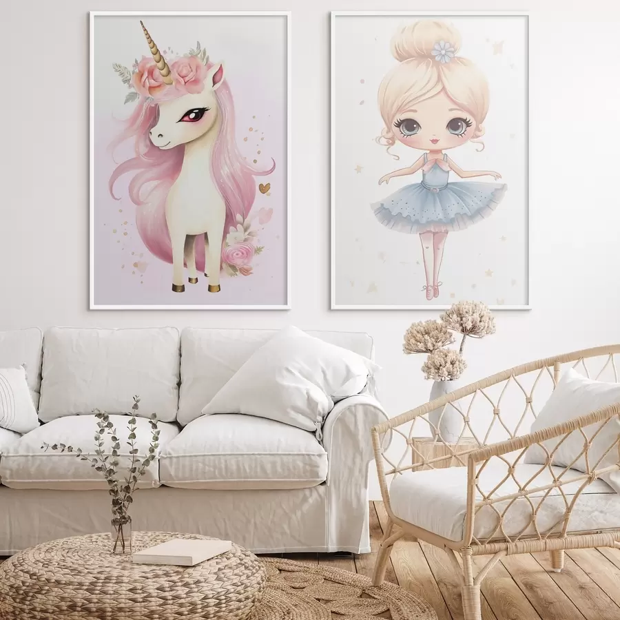 Fototapeedid Sinise kleidiga baleriininukk ja roosa mannaga ükssarvik d00692