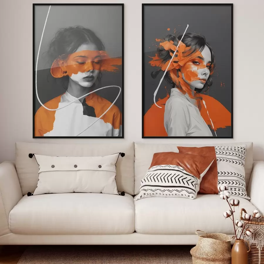 Fototapeedid Tüdrukute portreed abstraktsete oranžide pintslitõmmetega d00693