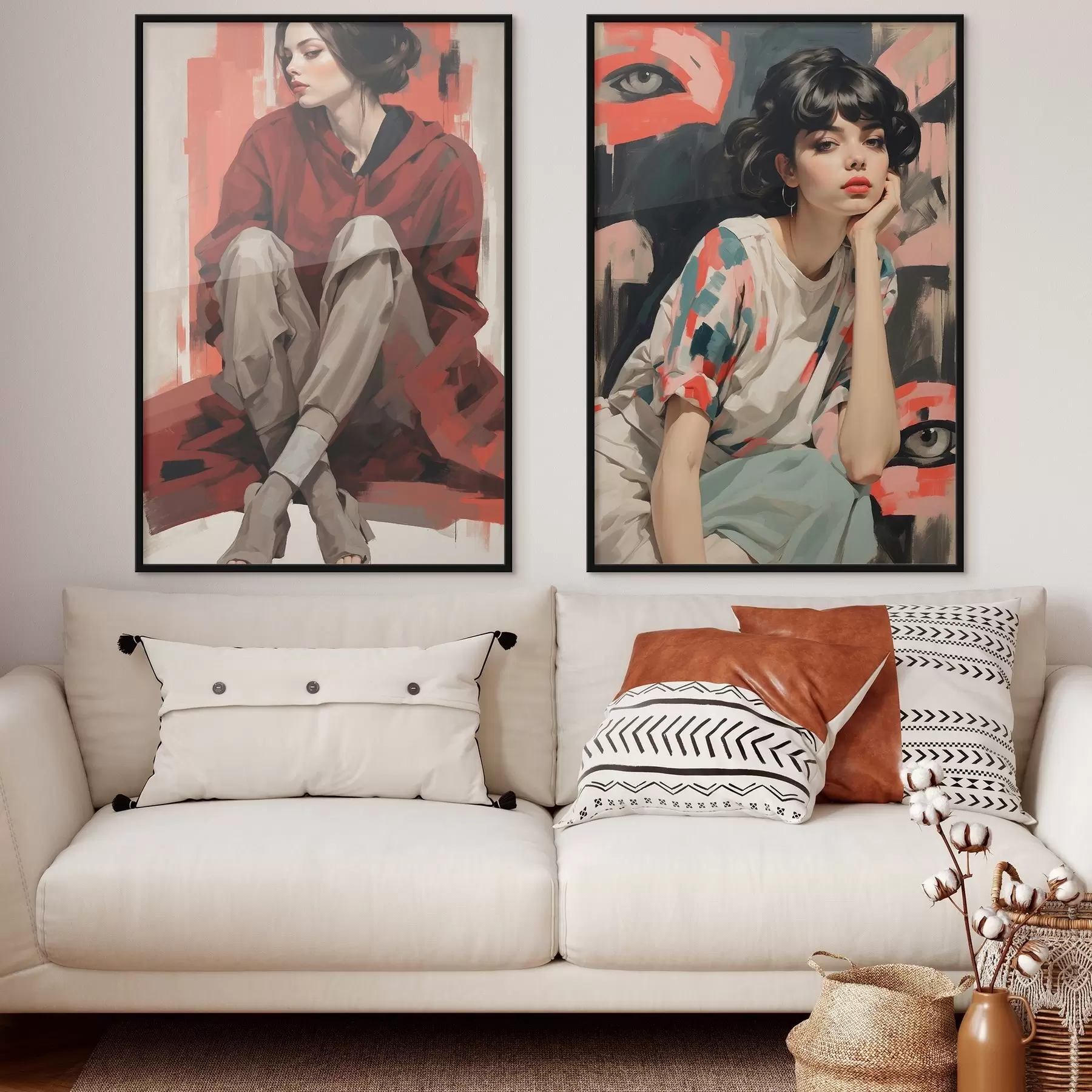 Fototapeedid Tüdrukute portreed punases ja beežis abstraktses stiilis d00695