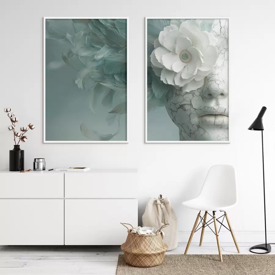 Fototapeedid marmorist tüdruku nägu lillede ja sulgedega d00699