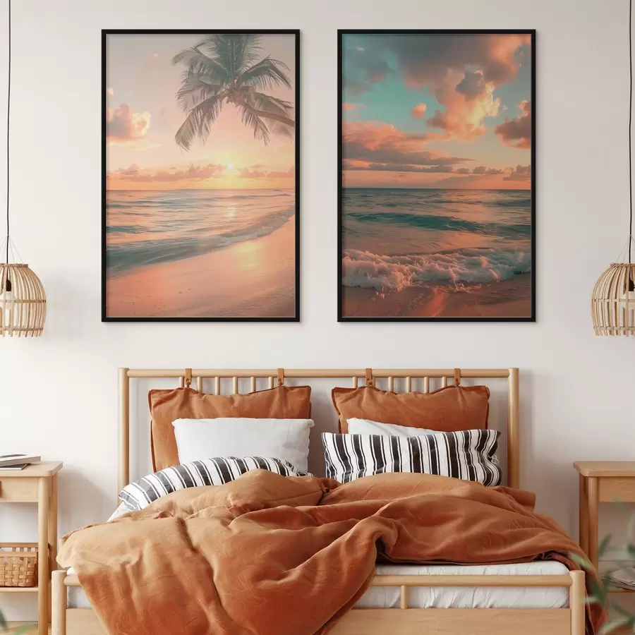 Fototapeedid Päikeseloojang mere rannikul koos lainete vaatega d00787