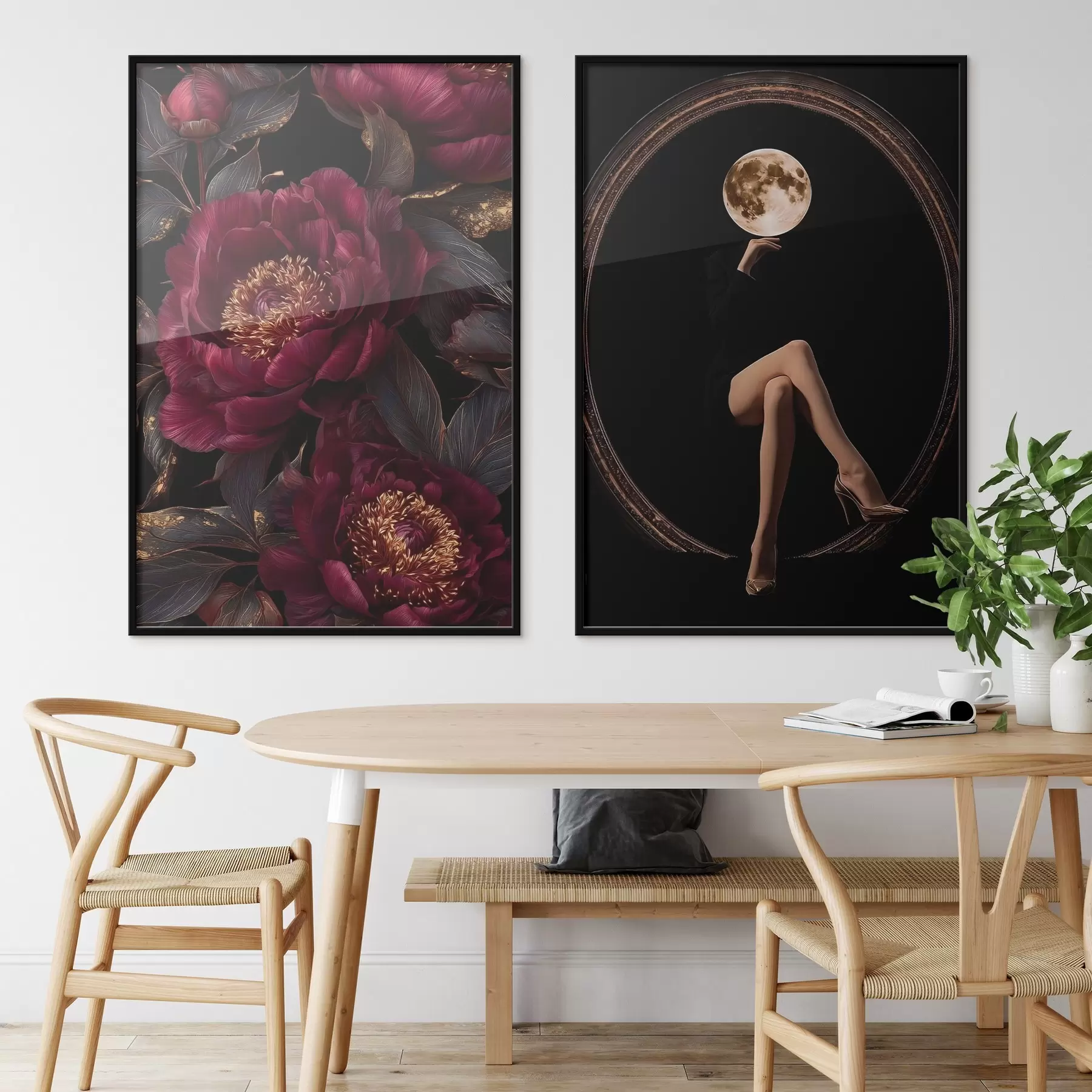 Fototapeedid Burgundia peonid ja kuu peaga siluett mustal taustal d00765