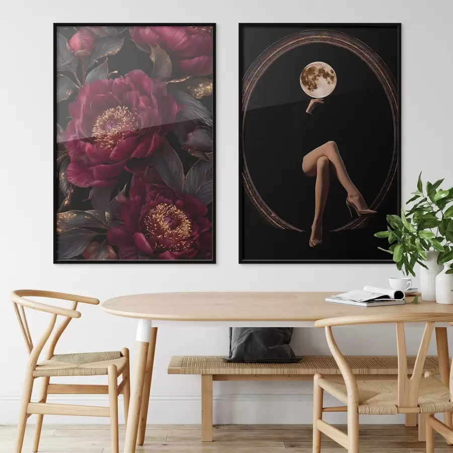 Fototapeedid Burgundia peonid ja kuu peaga siluett mustal taustal d00765