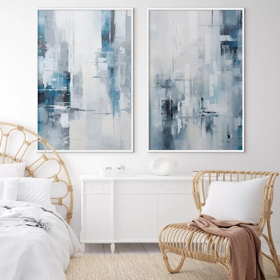 Fototapeedid Abstraktne maal, mis imiteerib sinist, halli ja valget värvi, vertikaalseid jooni ja geomeetrilisi kujundeid d00819