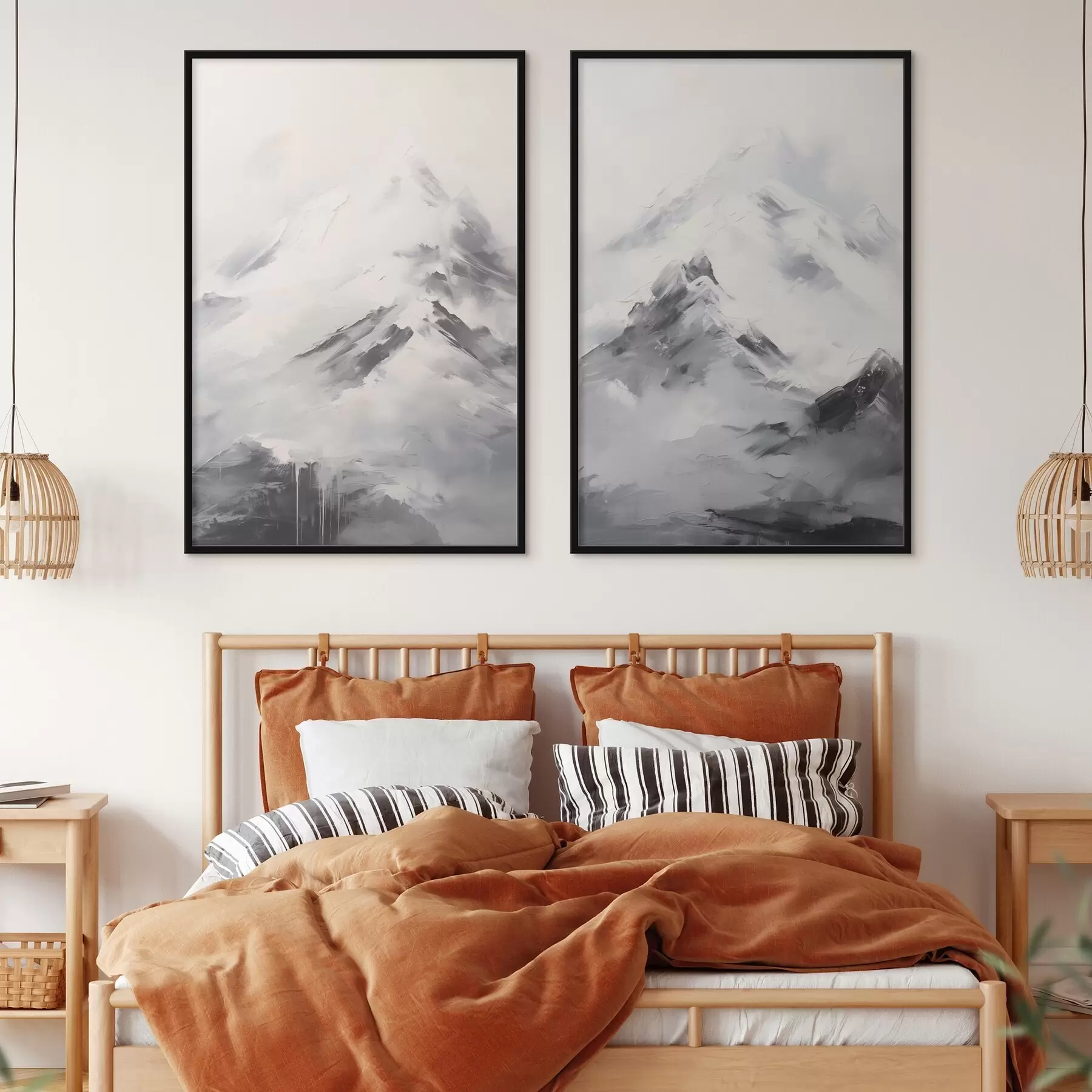 Fototapeedid Lumised mäetipud hallide varjudega, hall taevas, pintslitõmbed, tekstuurne, minimalistlik d00822