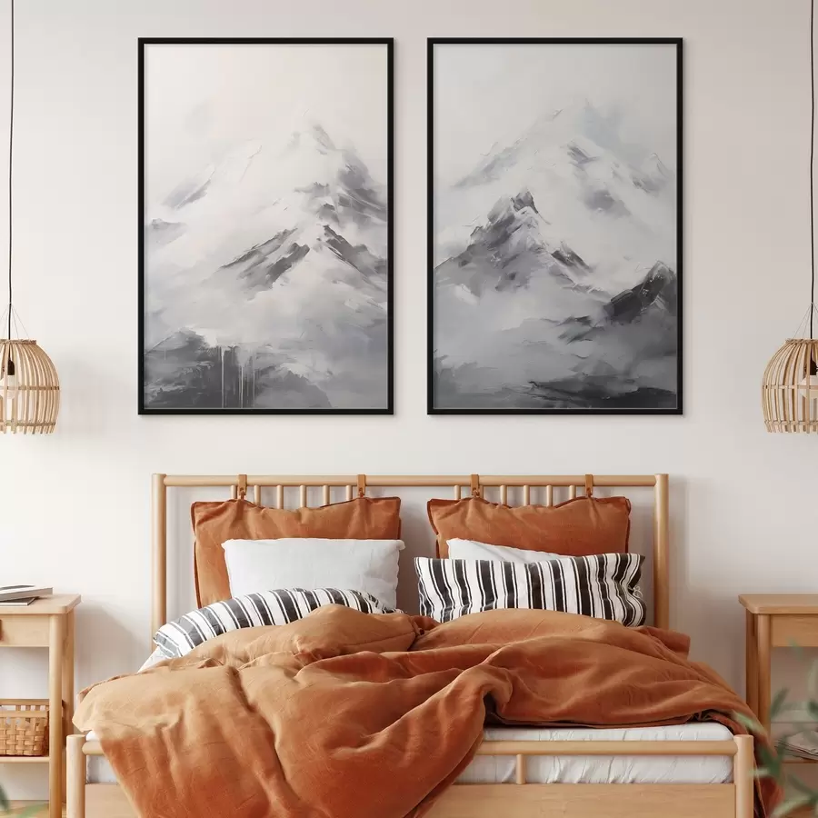 Fototapeedid Lumised mäetipud hallide varjudega, hall taevas, pintslitõmbed, tekstuurne, minimalistlik d00822