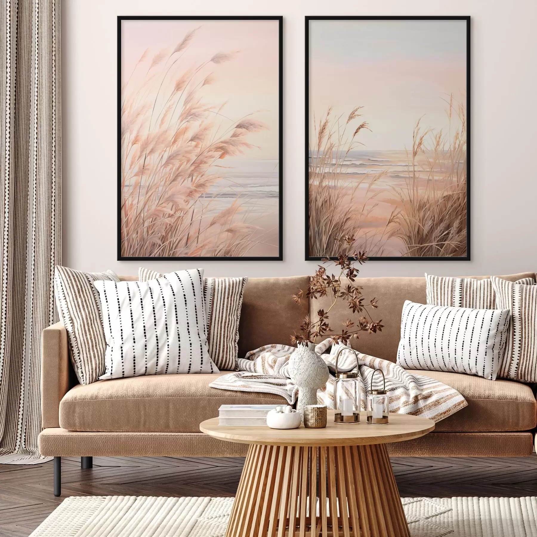 Fototapeedid Pastelloranžide toonidega pampasrohi, heleroosa taevas, rahulik maastik d00823