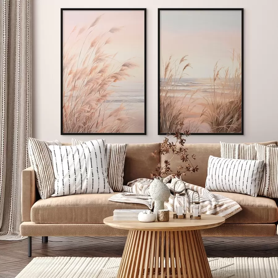 Fototapeedid Pastelloranžide toonidega pampasrohi, heleroosa taevas, rahulik maastik d00823