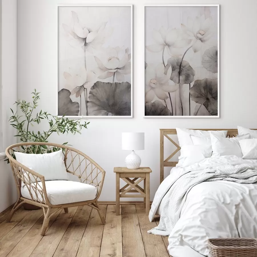 Fototapeedid Valged tekstuuriga lootoseõied tumedate lehtedega, hele taust, minimalistlik disain d00824