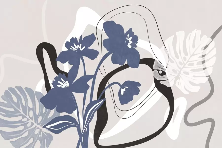 Fototapeedid Abstraktsed tekstuuriga sinised lilled valge ja musta kujunditega helebeežil taustal, minimalistlik kunst w09645