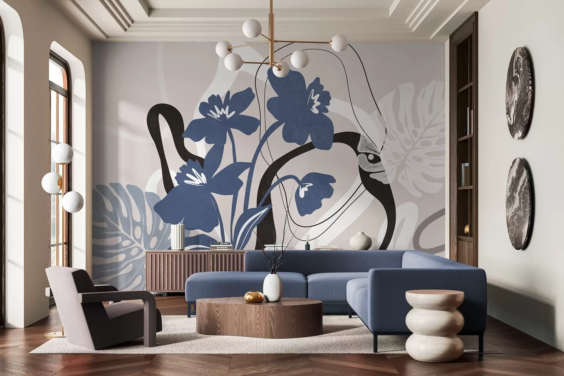 Fototapeedid Abstraktsed tekstuuriga sinised lilled valge ja musta kujunditega helebeežil taustal, minimalistlik kunst w09645