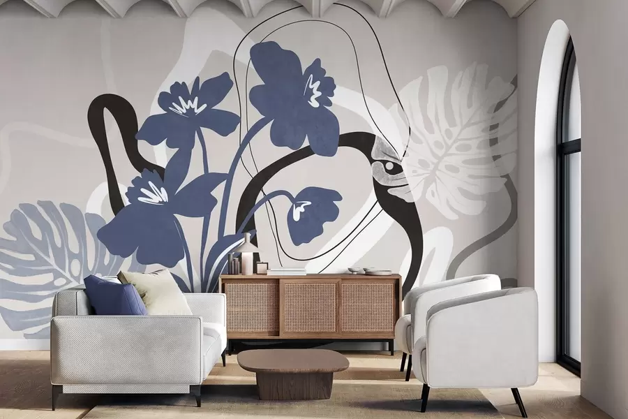 Fototapeedid Abstraktsed tekstuuriga sinised lilled valge ja musta kujunditega helebeežil taustal, minimalistlik kunst w09645