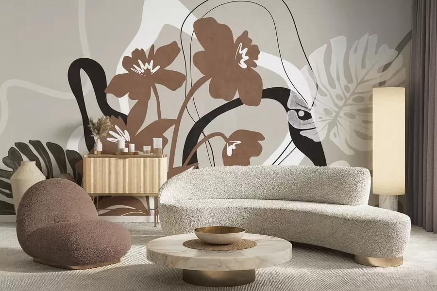 Fototapeedid Abstraktsed tekstuuriga pruunid lilled valge ja musta kujunditega beeži taustal, minimalistlik kunst w09645v1