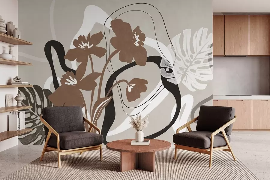 Fototapeedid Abstraktsed tekstuuriga pruunid lilled valge ja musta kujunditega beeži taustal, minimalistlik kunst w09645v1