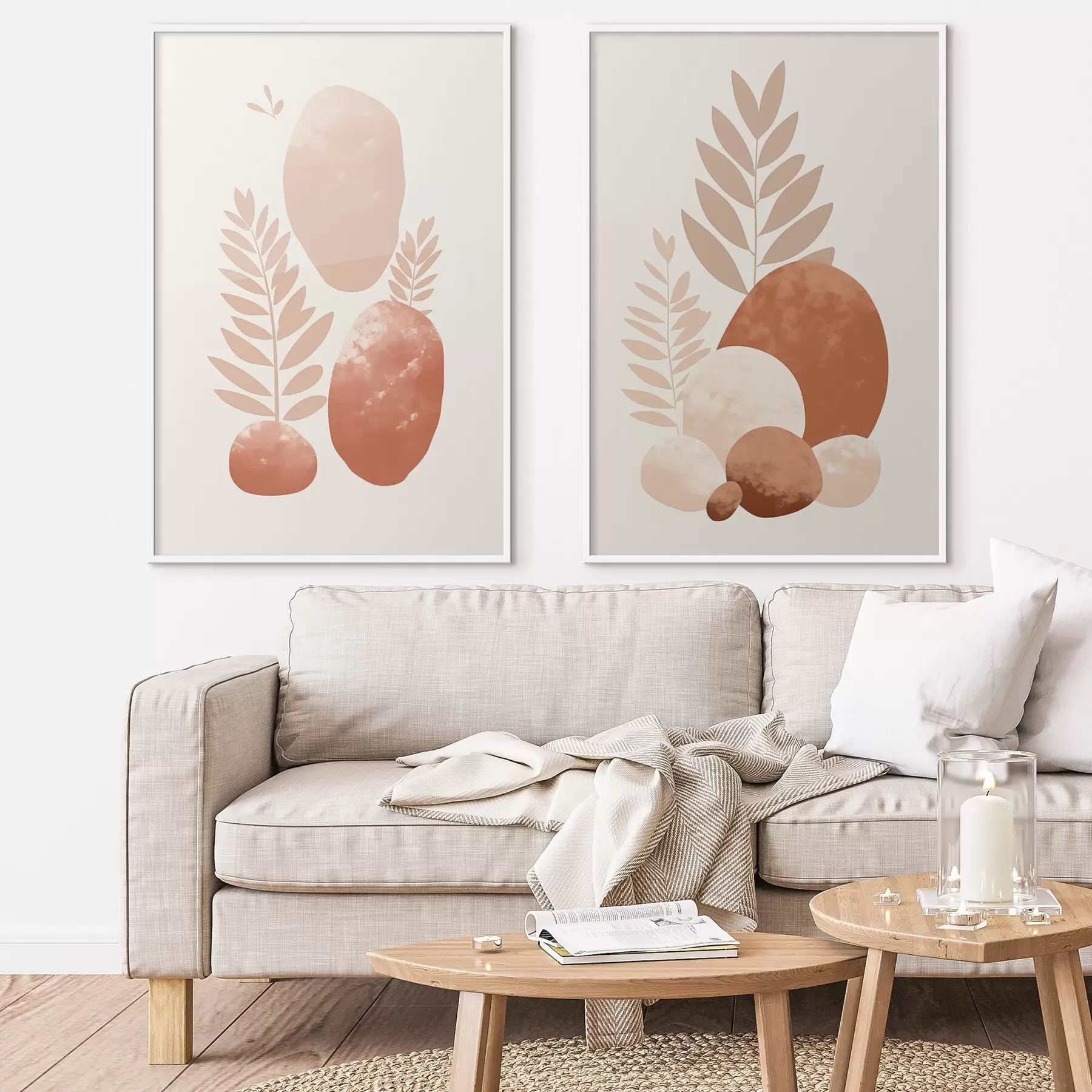 Fototapeedid Abstraktsed kujundid tekstuuriga kivid ja lehed vaoshoitud virsiku- ja terrakotta toonides, minimalistlik, kreemikas taust d01114