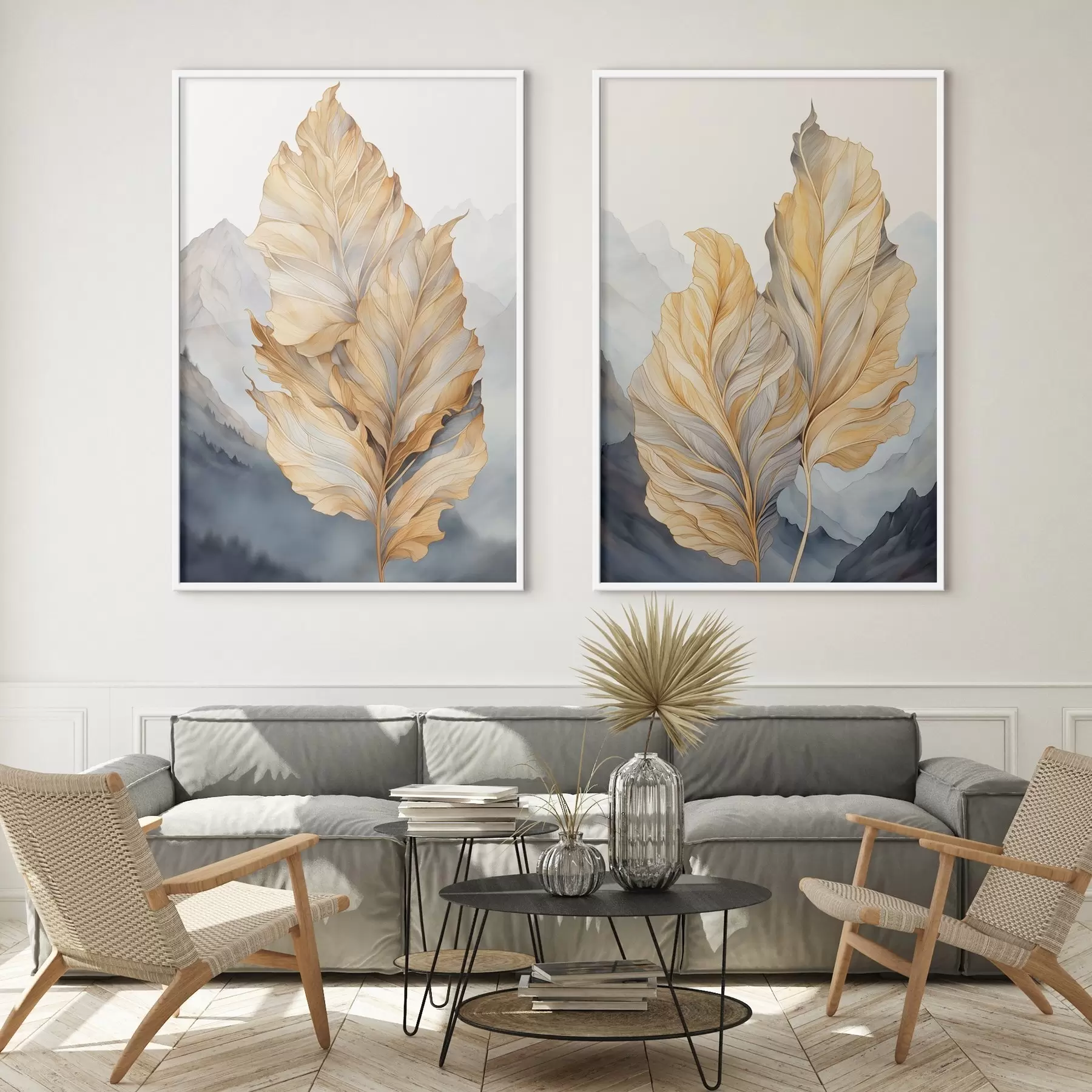 Fototapeedid Abstraktsed suured, kollased ja pruunid lehed keeruliste detailidega, mäestiku taustal d01119