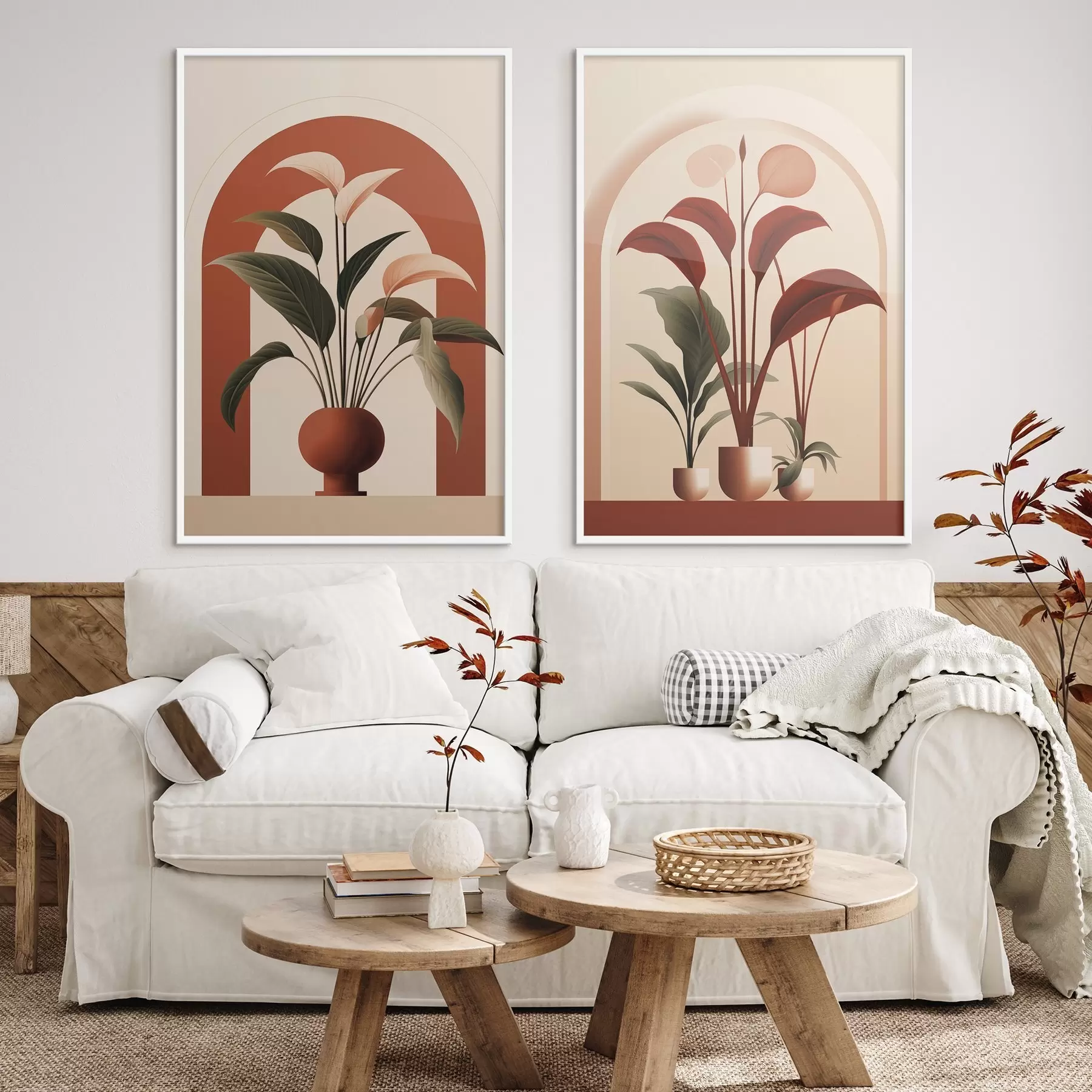 Fototapeedid Abstraktsed potitaimed suurte roheliste ja punaste lehtedega kreemika värvi kaariku ees d01124