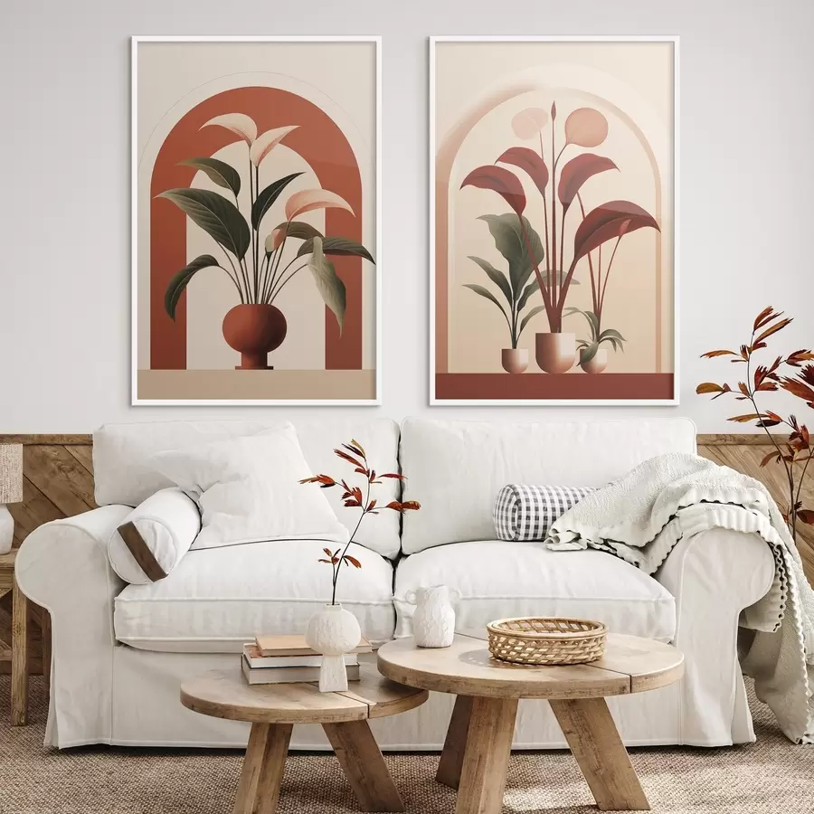 Fototapeedid Abstraktsed potitaimed suurte roheliste ja punaste lehtedega kreemika värvi kaariku ees d01124