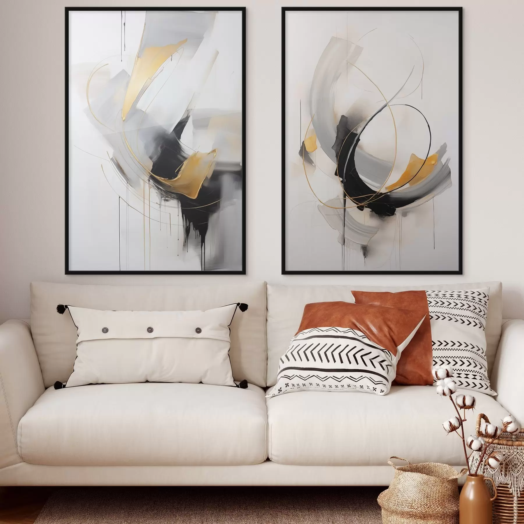 Fototapeedid Abstraktne maal kollaste, mustade ja valgetega pintslitõmmetega, dünaamilised jooned d01125