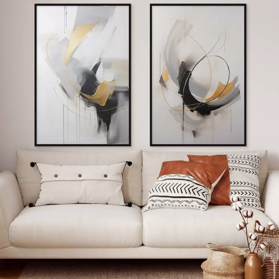 Fototapeedid Abstraktne maal kollaste, mustade ja valgetega pintslitõmmetega, dünaamilised jooned d01125