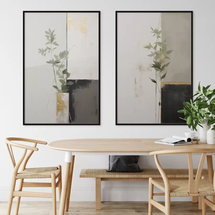 Fototapeedid Minimalistlik tekstuuriga maal, millel on kujutatud vaas roheliste lehtedega abstraktsete geomeetriliste kujundite taustal. d01126