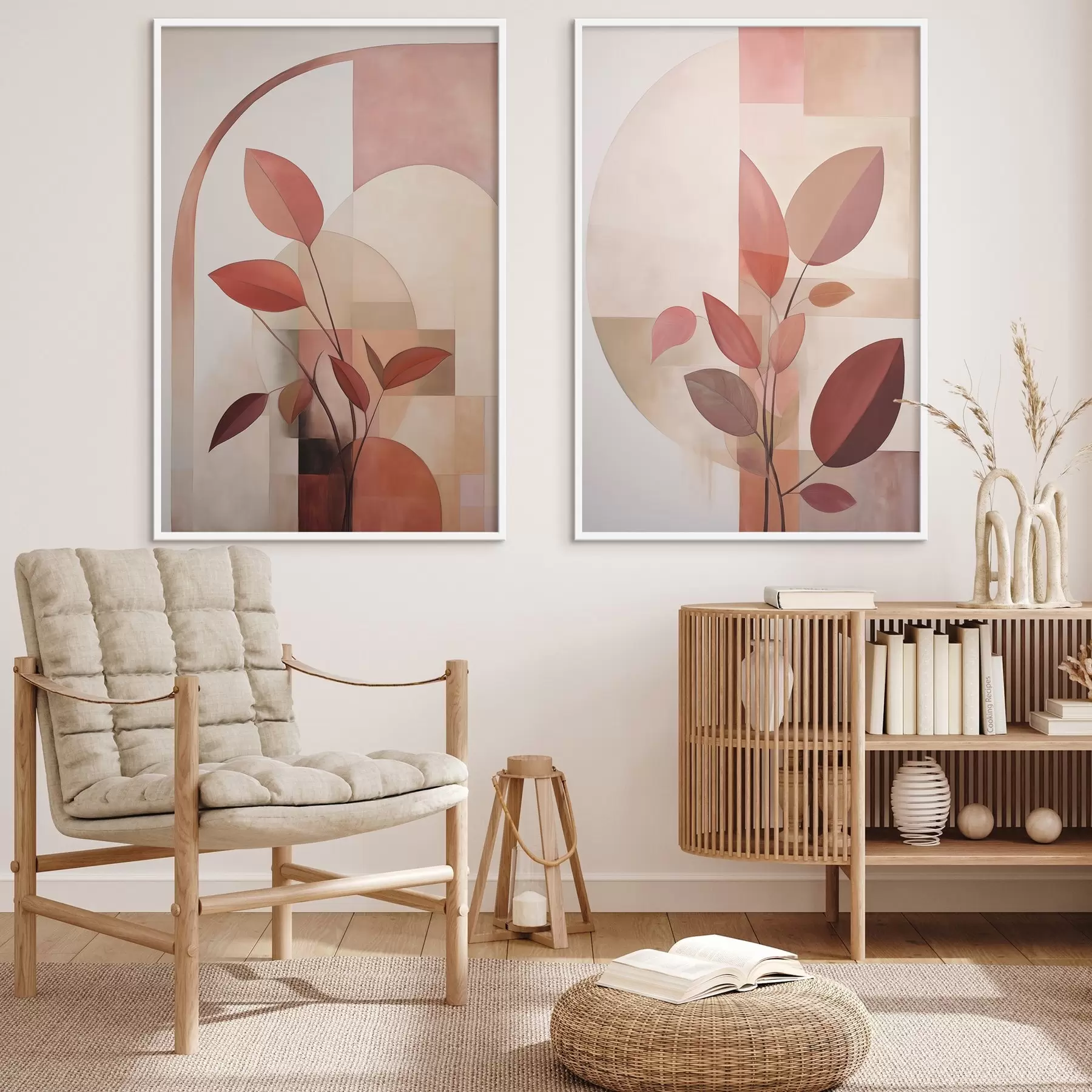 Fototapeedid Abstraktne taim punaste lehtedega geomeetriliste kujundite ja pehmete, summutatud värvide taustal d01128