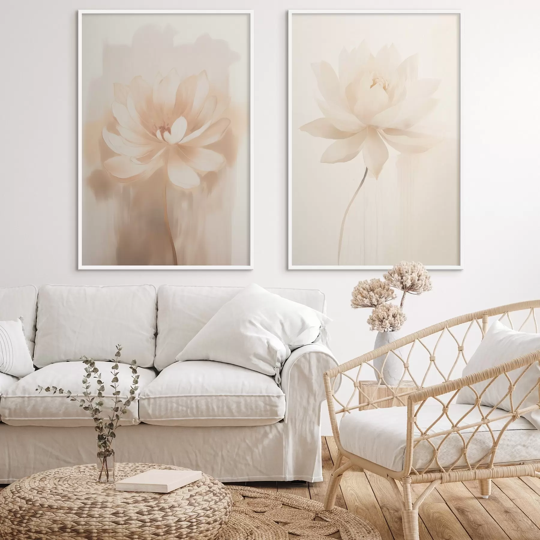 Fototapeedid Lilleline kompositsioon soojades beežides toonides, kergete pintslitõmmetega ja õhulise taustaga d01087