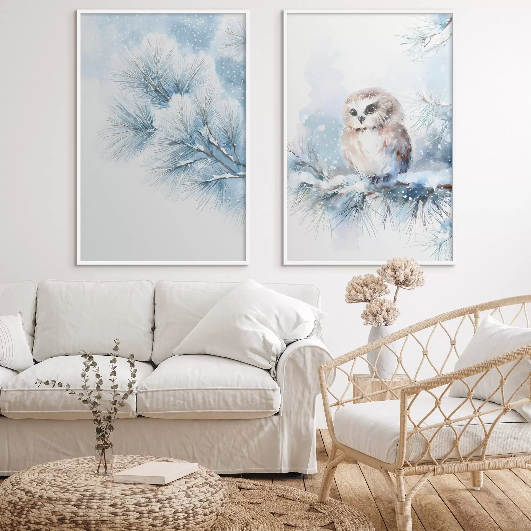 Fototapeedid akvarellistiilis armas öökull lumega kaetud männipuu oksal d01168