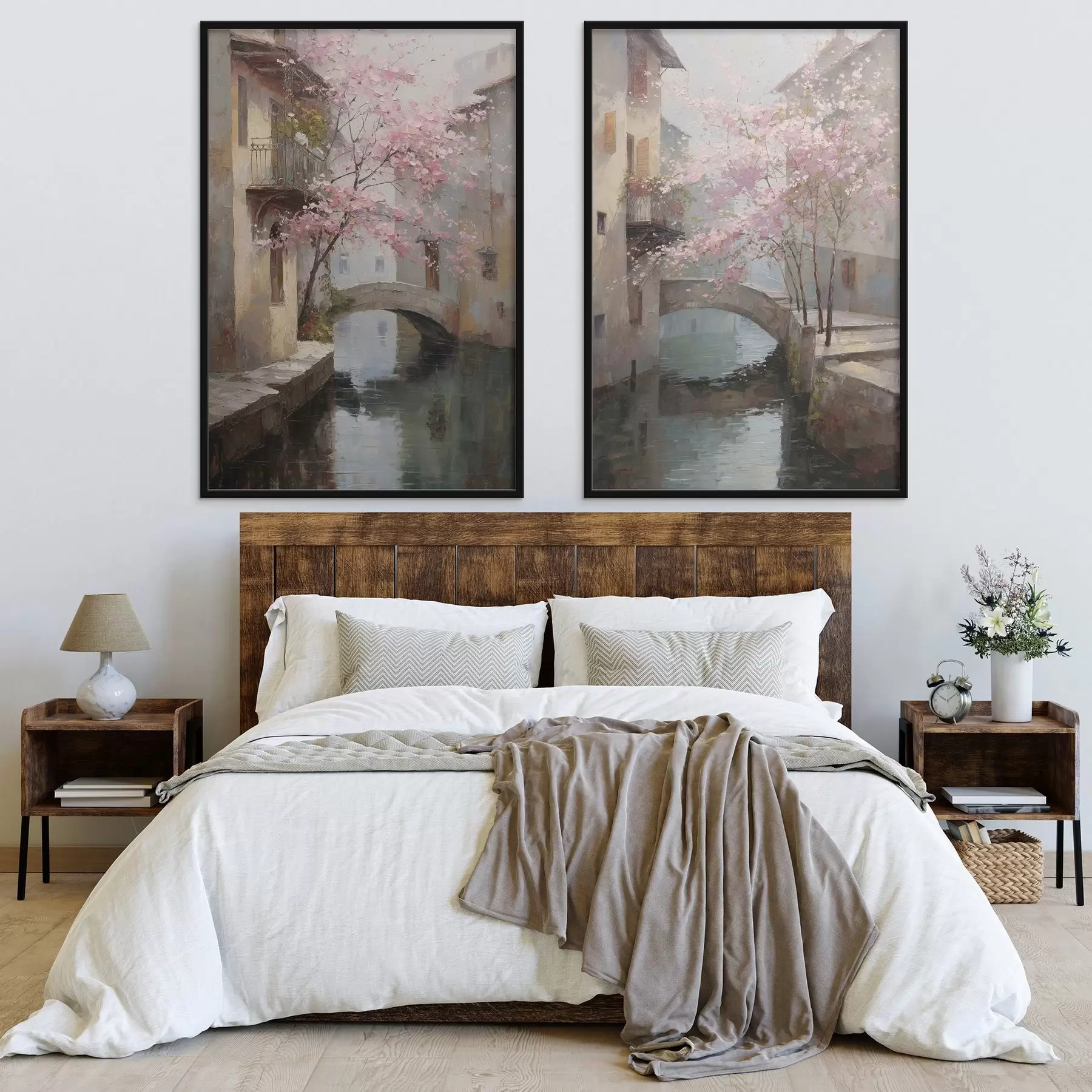 Fototapeedid romantiline linnamaastik õitsva puuga õlimaalistiilis d01173