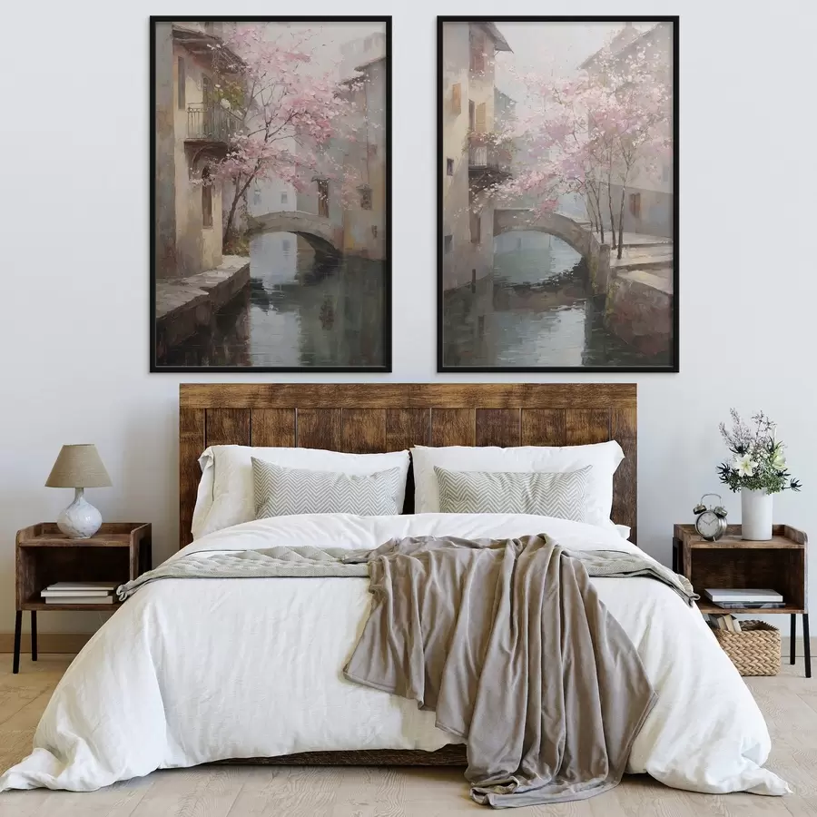 Fototapeedid romantiline linnamaastik õitsva puuga õlimaalistiilis d01173