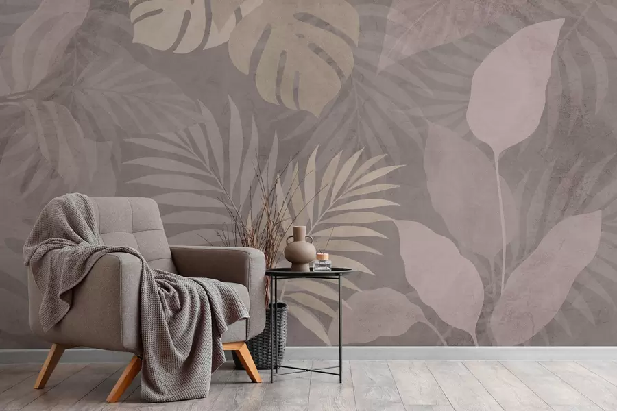 Fototapeedid tekstuuriga troopilised lehed hallil taustal w05063v1