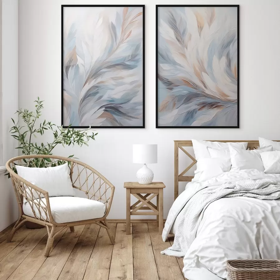 Fototapeedid Abstraktne maal sulgedest valge, sinise ja pruuni toonides, pehme, voolava tekstuuri ja heleda taustaga. d01234