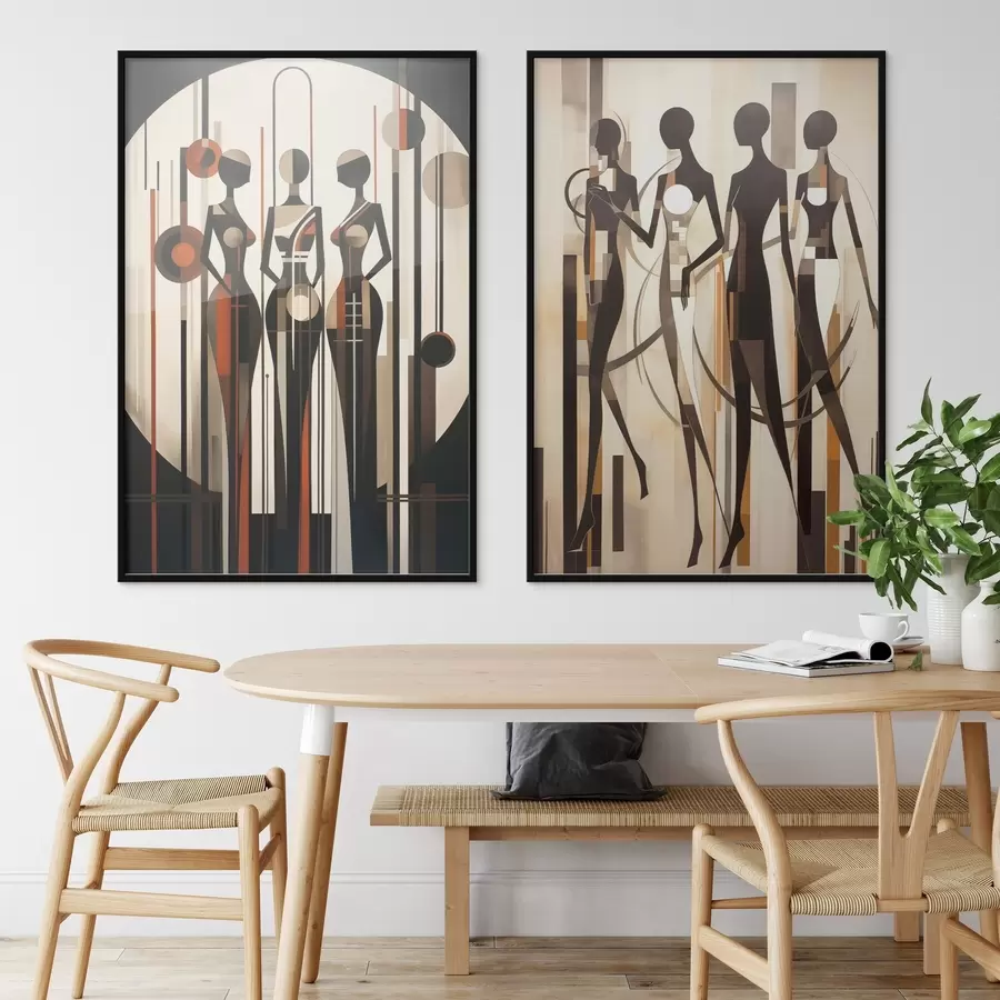 Fototapeedid Stiliseeritud naisfiguurid geomeetriliste elementidega abstraktsel vertikaalsete joonte ja ringide taustal d01237