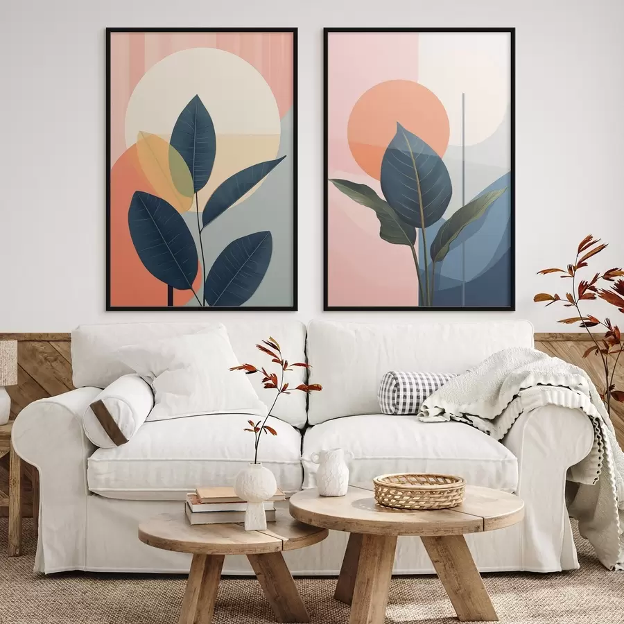 Fototapeedid Tumedad lehed abstraktsete kujundite taustal virsiku- ja halli värvitoonides, millel on suur kahvatukollane ring. d01238