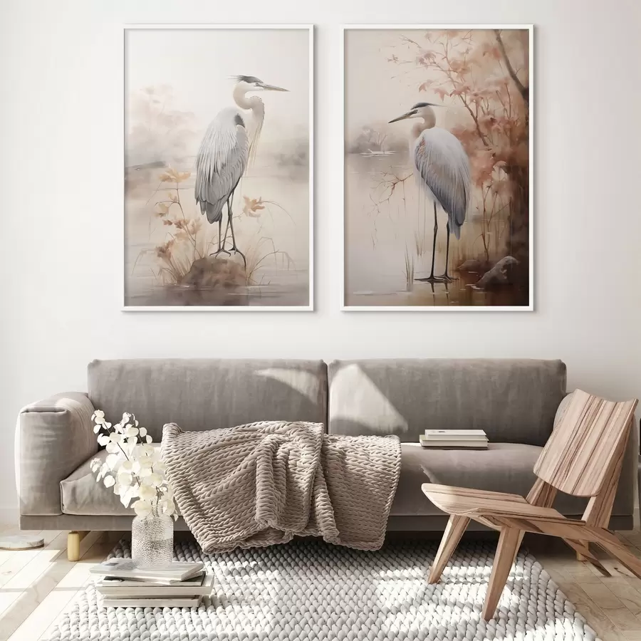 Fototapeedid Kõrgete rohtude ja puudega taustal seisab järve kaljul herilane. d01239