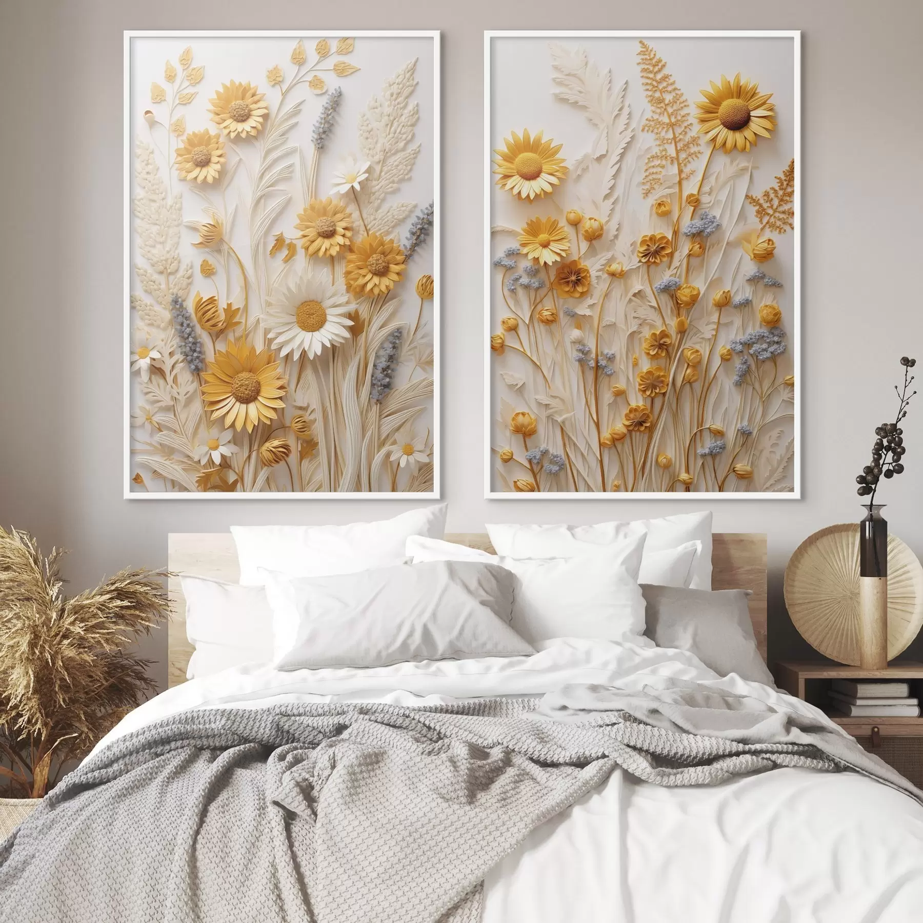 Fototapeedid Tekstuuriga kollektsioon kollastest ja valgetest margariitidest, kuivatatud rohtudest ja lavendliokstest valgel taustal d01241