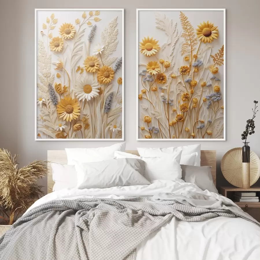 Fototapeedid Tekstuuriga kollektsioon kollastest ja valgetest margariitidest, kuivatatud rohtudest ja lavendliokstest valgel taustal d01241