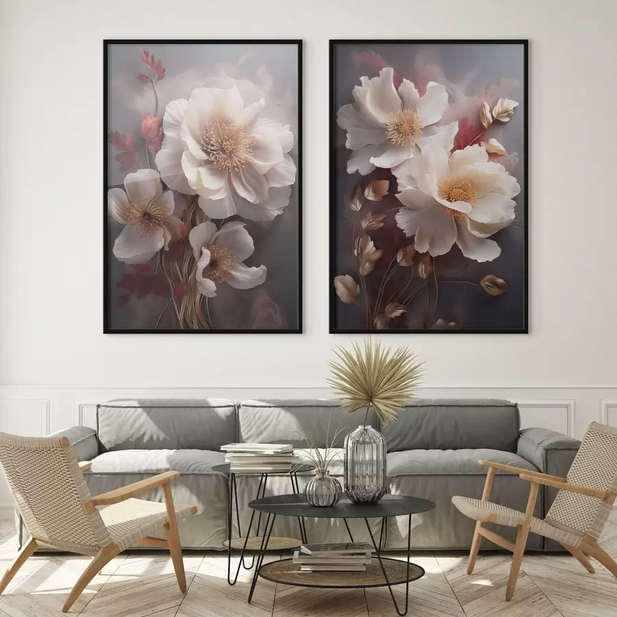 Fototapeedid Õrnad peonid õhukeste, õrnade kroonlehtedega, ümbritsetud tumepunaste ja kollaste lehtedega abstraktsel taustal d01243