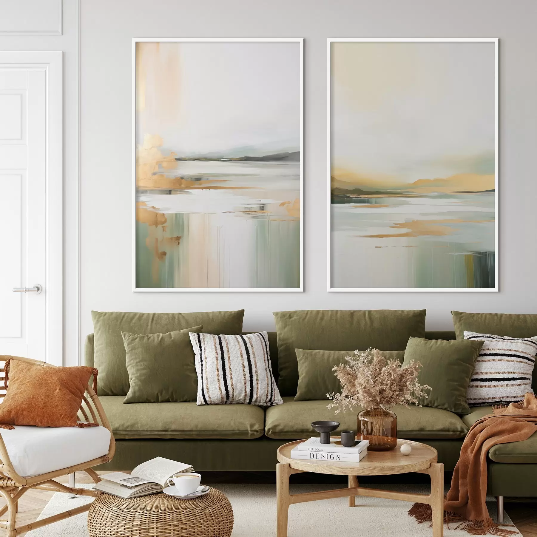 Fototapeedid Abstraktne maastik kollaste ja roheliste toonidega, vesi peegeldab taevast ja kauguses asuvaid mägesid, kahvatu, udune taevas d01245