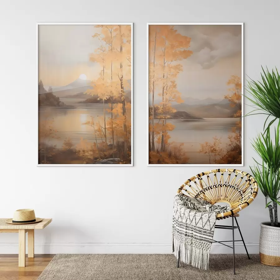 Fototapeedid Sügisene tekstuuriga puud oranžide lehtedega raamivad rahulikku järve kauguses asuvate mägedega pilvise taeva all. d01246