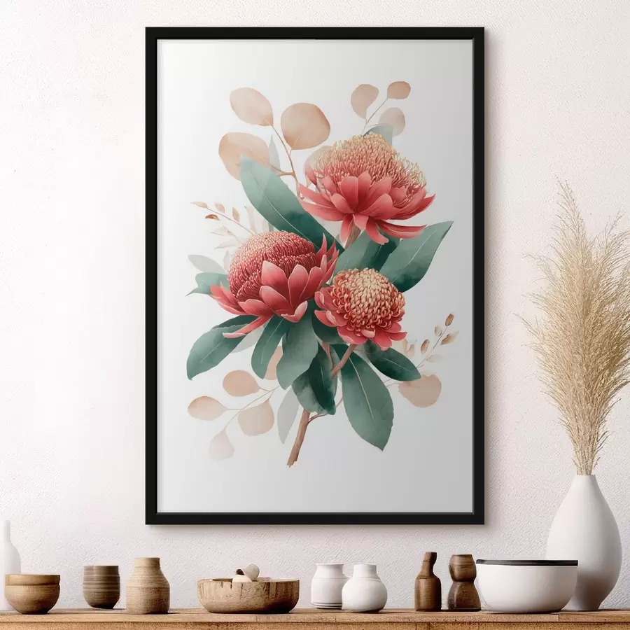 Fototapeedid Väljendusrikas proteade ja dekoratiivsete lehtede kimp modernses kunstilises illustratsioonistiilis f46954