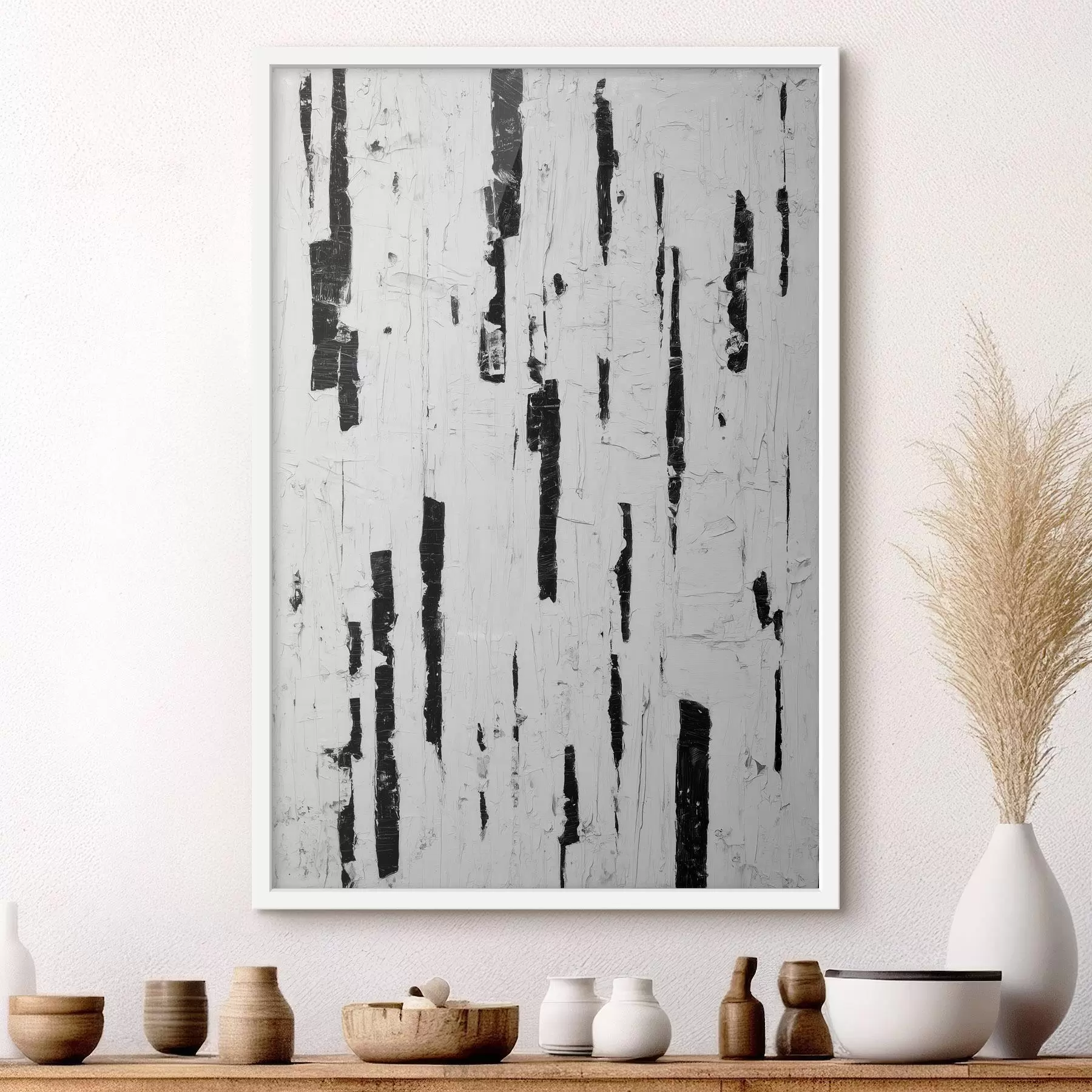 Fototapeedid Abstraktne kompositsioon mustade vertikaalsete pintslitõmmetega valgel taustal õlimaalistiilis f46956