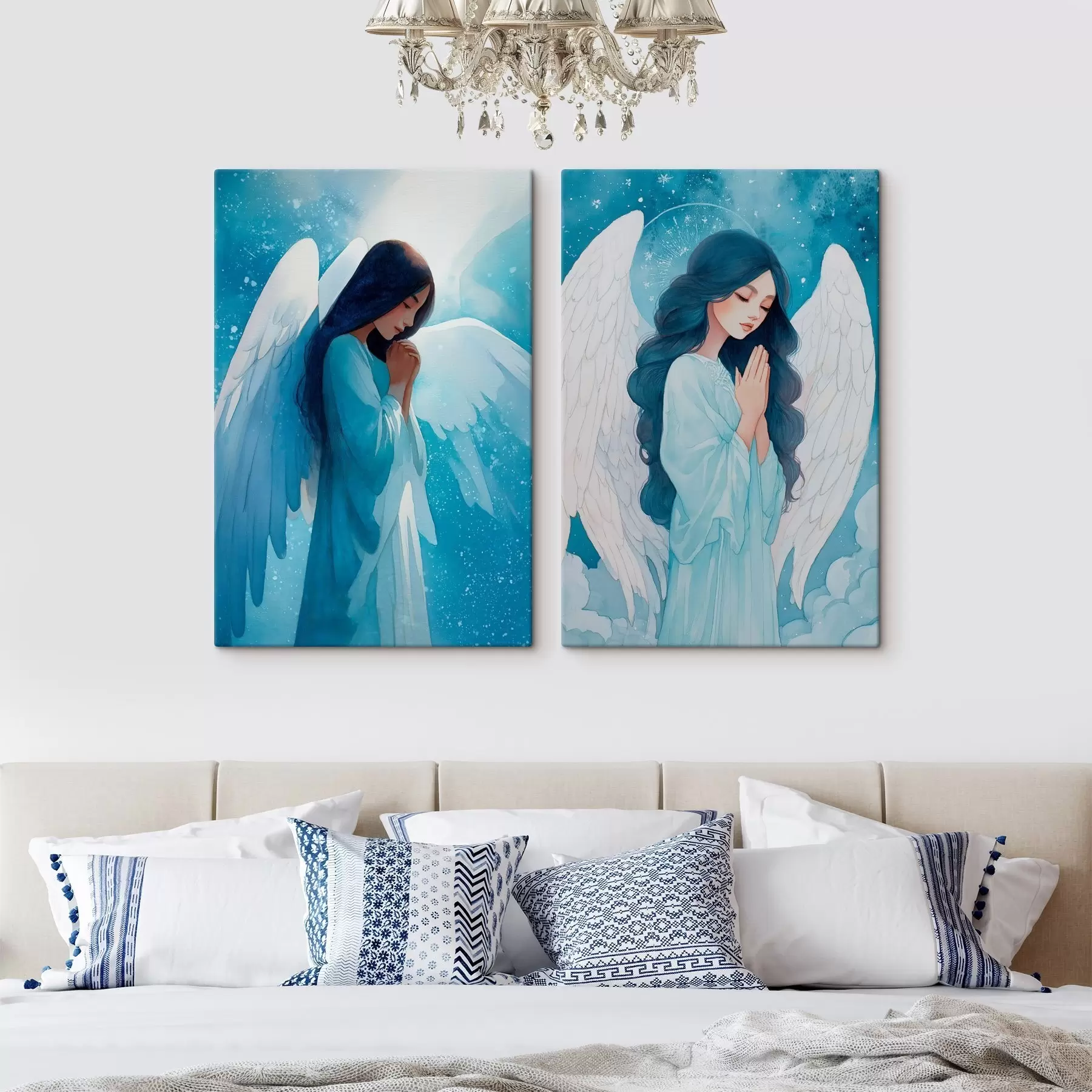 Pilt Kaasaegne sakraalkunst akvarellstiilis, millel on kujutatud sinistes rüüdes kaitsjaingel. m01153