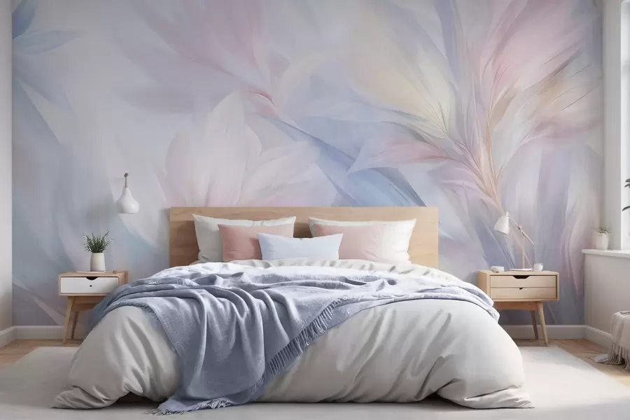 Fototapeedid Pehmed, pastellvärvides lehed ja suled roosa, sinise ja kollase toonides, abstraktne ja tekstuurne trükis w09634