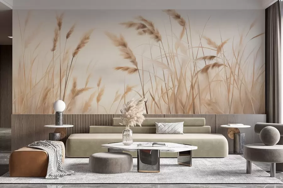 Fototapeedid Pikk, tekstuuriga kuiv rohi ja nisupõllu kõrred pehme, heleda taustaga w09648