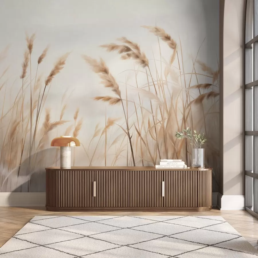 Fototapeedid Pikk, tekstuuriga kuiv rohi ja nisupõllu kõrred pehme, heleda taustaga w09648