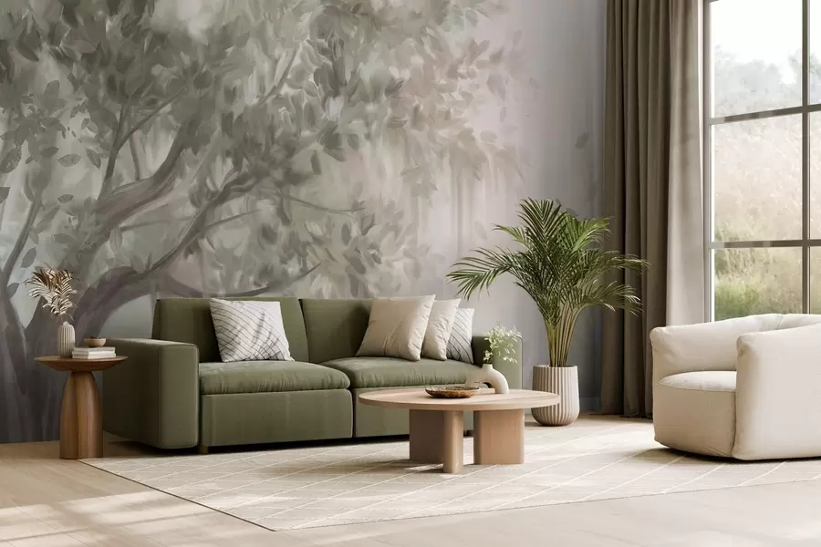 Fototapeedid Tekstuuriga puu heleroheliste lehtede ja okstega, pehme, uduse taustaga w09650