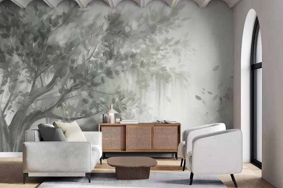 Fototapeedid Tekstuuriga puu roheliste lehtede ja okstega, pehme, udune taustaga w09650v1