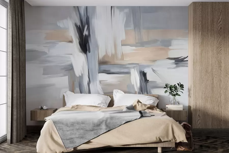 Fototapeedid Abstraktne tekstuuriga maalistiil, milles on kasutatud valge, halli ja beeži toonides pintslitõmbeid. w09651