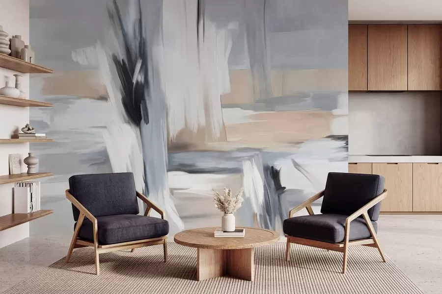 Fototapeedid Abstraktne tekstuuriga maalistiil, milles on kasutatud valge, halli ja beeži toonides pintslitõmbeid. w09651